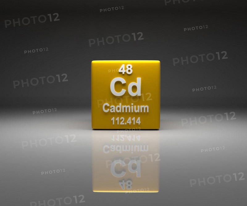 Cube with Cadmium number 48 periodic table, 3d rendering