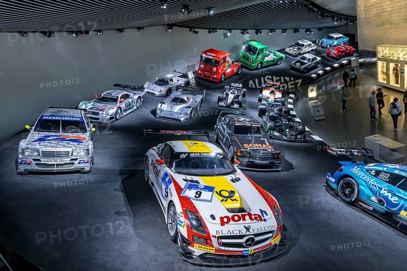 The Mercedes-Benz Museum in Stuttgart presents a journey through the automotive history of the global corporation. Myth 7: Racing cars and Silver Arrows - races and records. The history of the Mercedes star begins with the first automobile in 1886. Stuttgart, Baden-Württemberg, Germany