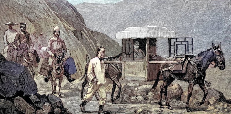 A caravan in Mongolia, a palanquin carried by horses and riders with luggage, Illustration, published 1890, Reproduction, digitally enhanced, Historical
