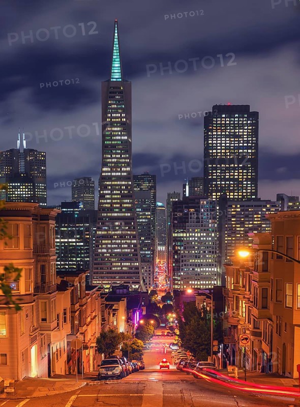 Financial district view by night, San Francisco, California, USA