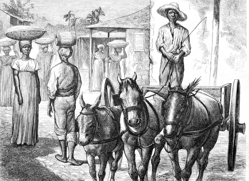 Women from the countryside, water carriers, cabronet, coachmen, around 1888 on the island of Haiti, Historical, digitally enhanced reproduction of a 19th century model
