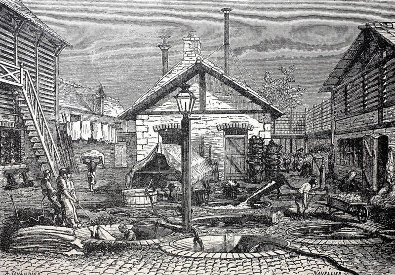 Leather processing, a tannery plant in 1880, digitally enhanced reproduction of a 19th century model, historical, exact date unknown