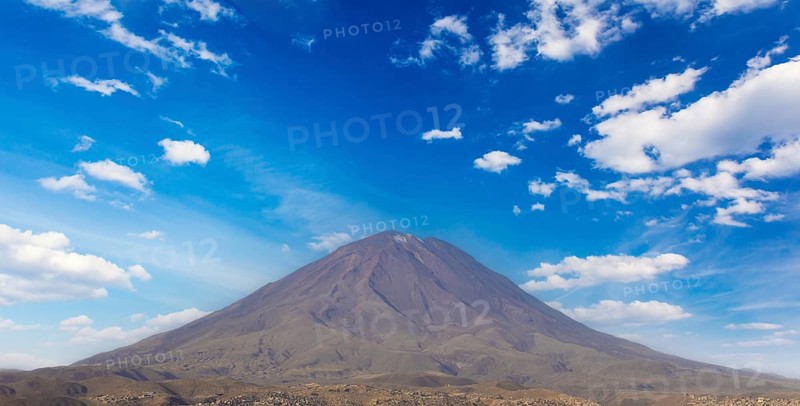 Arequipa, Peru. Sunset view of the Misti Volcano mountain range from the Yanahuara lookout