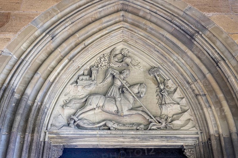 Relief depicting St George on the portal of the Church of Our Lady in Esslingen, Esslingen am Neckar, district of Esslingen, Baden-Württemberg, Germany
