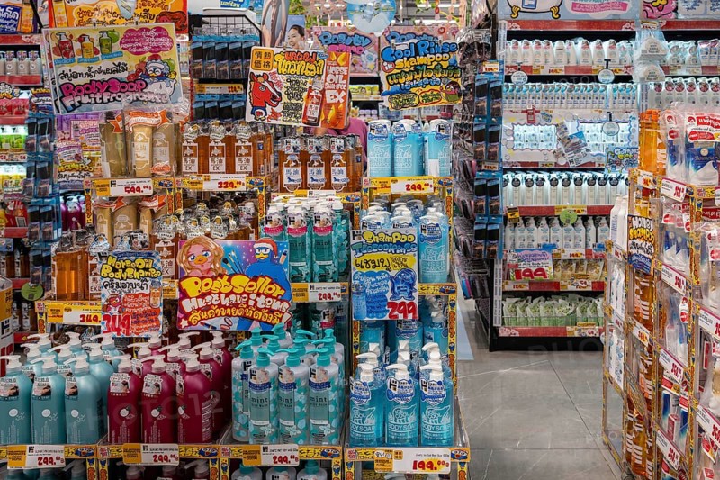 Don Don Donki shower gel shelves, Bangkok, Thailand