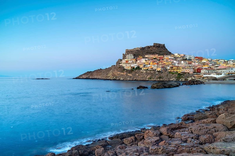 Castelsardo at blue hour, castle, evening, blue sky, Castelsardo, province Sassari, Sardinia, Italy