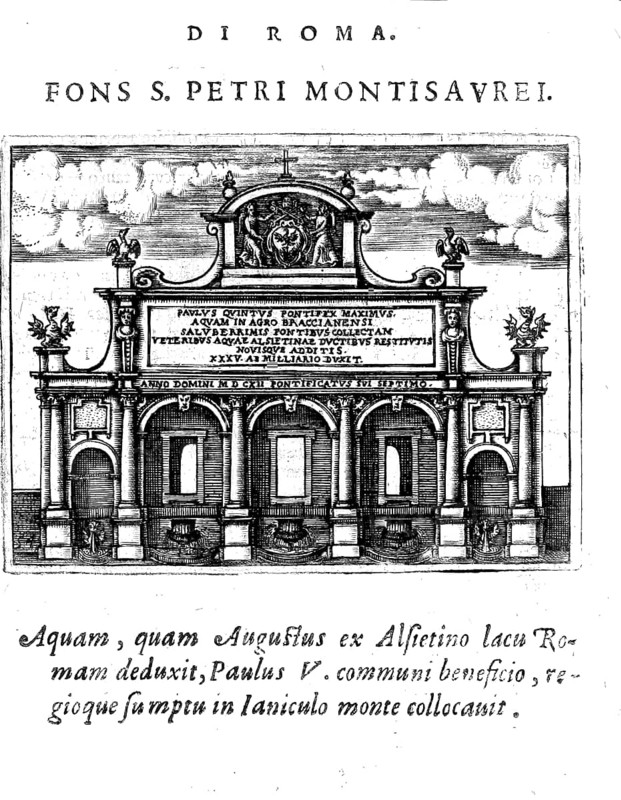 Fontana di S.Pietro Montorio, Fountain of S. Pietro in Montorio in Rome, Italy, Historical, digitally enhanced reproduction from Grandezze della citta di Roma antiche et moderne by Jacomo Crulli de Marcucci, from the year 1630, Rome