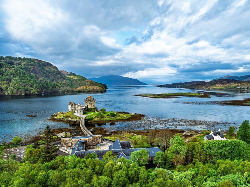 Eilean Donan Castle and Loch Duich from a drone, Isle of Skye, Highlands, Scotland, England, United Kingdom