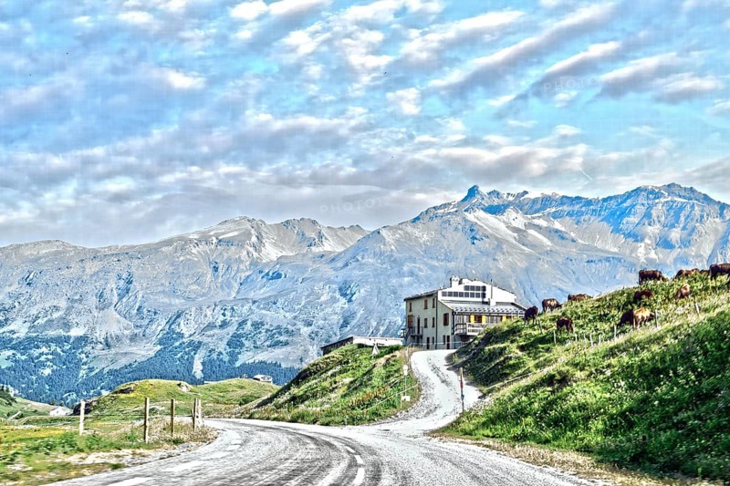 Photo with reduced dynamic saturation HDR of south ramp ascent from pass road to mountain pass Alpine pass Col du Mont Cenis, Mont Cenis Massif, Massif du Mont-Cenis, Graian Alps, Lanslebourg, Rhone-Alpes, France
