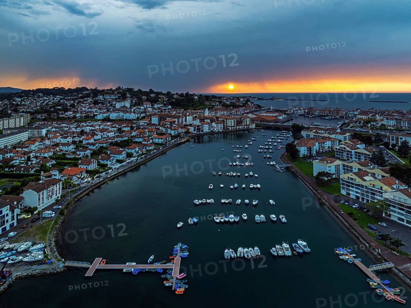 Sunset over Saint-Jean-de-Luz from a drone, Nouvelle-Aquitaine, Pyrenees-Atlantiques, France