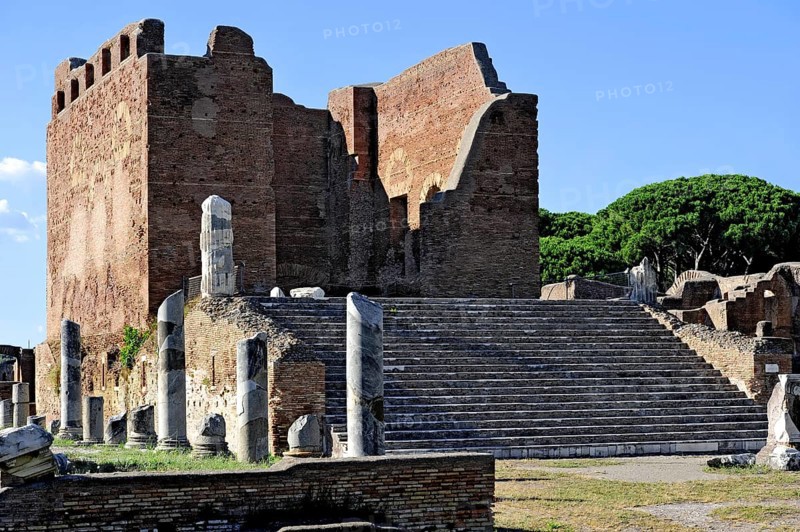 Ruins of the Capitol, Capitolium at the forum, podium temple with staircase, main temple, remains, ancient harbour city of Rome, excavation site Ostia Antica, metropolitan city of Rome, Lazio, Italy
