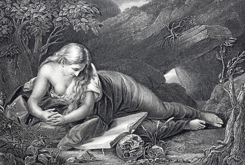 Magdalena, woman lying on the ground and reading a book, steel engraving after a painting by Pompeo Girolamo Batoni, the original was destroyed in Dresden during the Second World War, Historical, digitally restored reproduction of a 19th century original, A woman lies in the forest, next to her a skeleton, in a monochrome and mysterious style