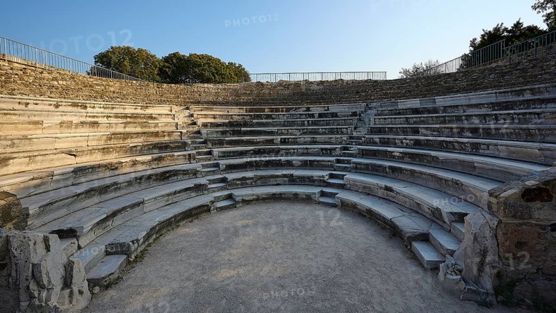 Historic amphitheatre with semi-circular stone steps and intense atmosphere, Ancient Theatre, Odeon, Kos Town, Kos, Dodecanese, Greek Islands, Greece