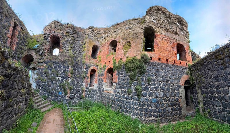 Panoramic photo of interior of northern inner part with partially restored secured masonry of ruins of imperial palace built in the Middle Ages around 1184 on today's banks of the Rhine by Emperor Frederick I Barbarossa, Kaiserswerth, Düsseldorf, North Rhine-Westphalia, Germany
