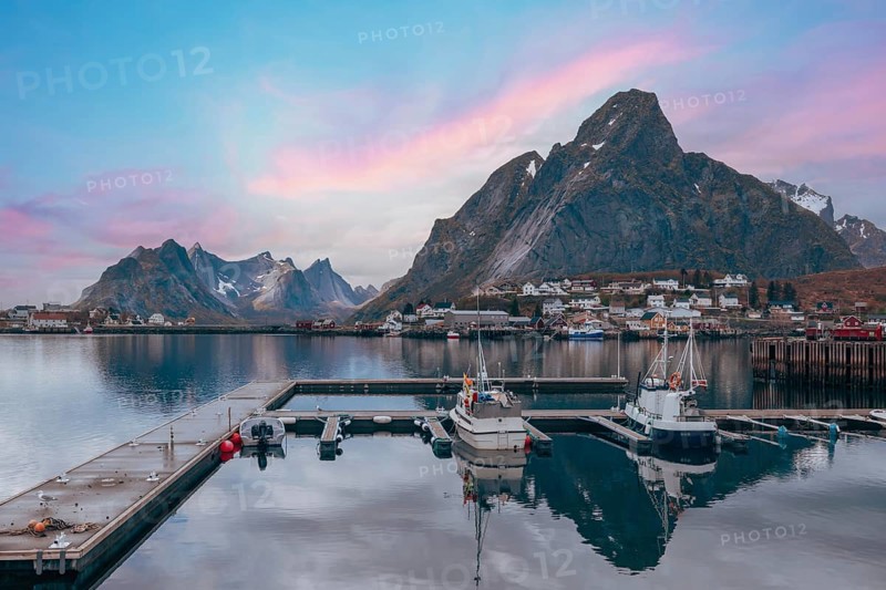 Beautiful Reine fishing village, scenic dramatic views of Lofoten islands in Norway