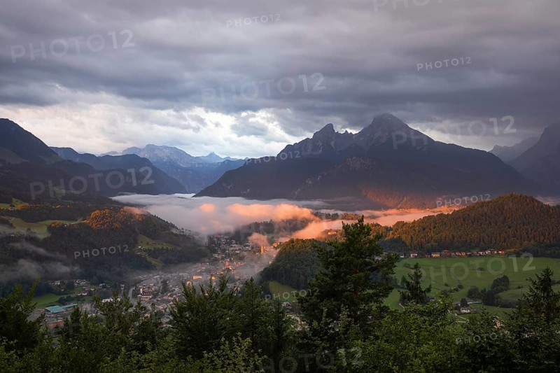 Marxenhöhe near Berchtesgaden with Watzmann view in the morning mist after the rain