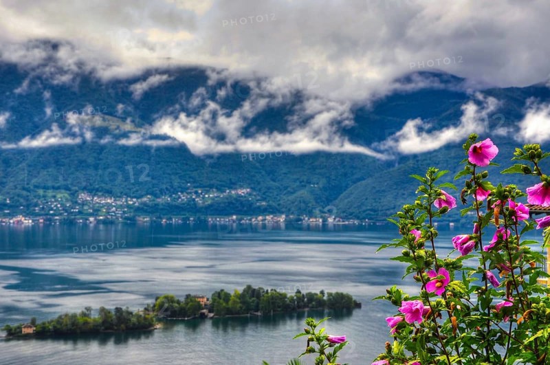 Alpine Lake Maggiore with Brissago Island and Mountain with Rainy Clouds and Beautiful Flowers in Brissago, Ticino, Switzerland