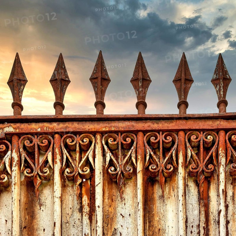 A rusty ornate gate stands tall, featuring intricate designs and pointed spikes. The backdrop shows a dramatic sky adorned with clouds during sunset, casting a warm glow on the metalwork