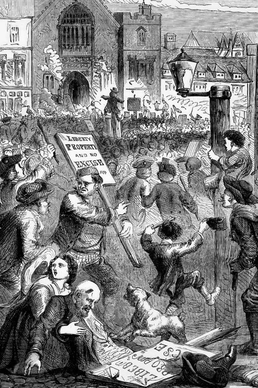 In 1733, British Prime Minister Sir Robert Walpole proposed a system of excise duty on the storage of tobacco and wine. It was unpopular and led to violent rallies in front of Parliament, England, digital reproduction of a historical template