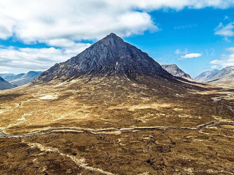 The Buachaille Mountain and Moors over Glen Etive Valley from a drone, Buachaille Etive Mòr, The Buachaille, Highlands, Scotland, United Kingdom
