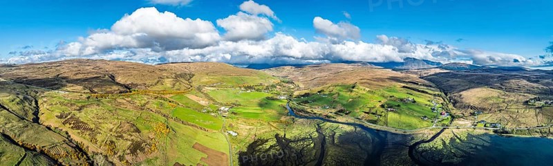 Panorama of Farms and Moors over Loch Harport from a drone, Drynoch, Isle of Skye, Highlands, Scotland, United Kingdom