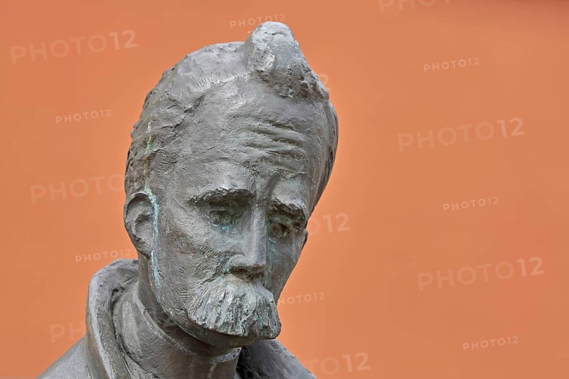 Monument to philosopher Friedrich Nietzsche, bronze sculpture, modern art, man with beard, head, detail, Holzmarkt, Saale, Naumburg, Saxony-Anhalt, Germany