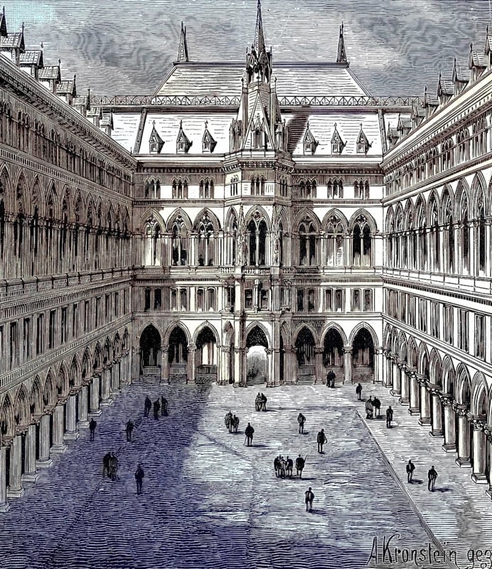 The old town hall of Vienna, Austria, the inner courtyard with arcades, illustration from 1894, reproduction, digitally enhanced, historical