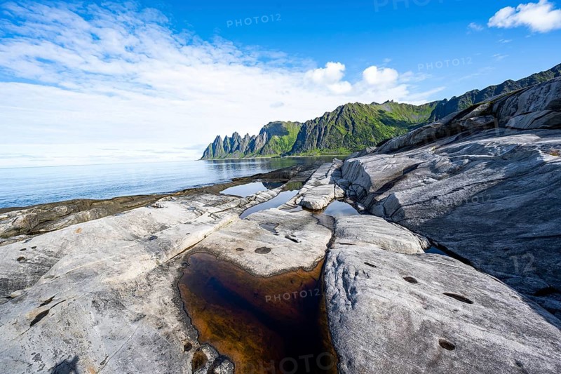 Tidal pools, rocky coast of Tungeneset, Devil's Teeth, Devil's Teeth, Okshornan, Ersfjorden, Senja Island, Troms, Norway