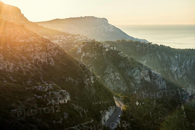 Coastal landscape, sunrise, Roquebrune, Roquebrune-Cap-Martin, near Monaco, Cote d'Azur, Alpes-Maritimes, Provence-Alpes-Cote-d'Azur, South of France, France