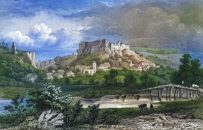 Streitberg Castle and town, climatic health resort, Franconian Switzerland, around 1850, district of Forchheim, Upper Franconia, Bavaria, Germany, digitally enhanced reproduction from a 19th century original, coloured, historical, exact date unknown