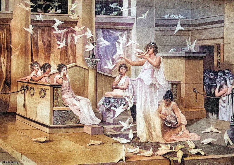The Doves of the Temple of Venus, coloured wood engraving, reproduction of a model from ca 1888, historical, woman in an ancient temple release white doves into the sky
