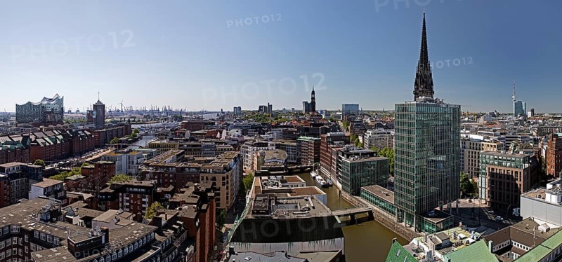 City view from above with the Elbphilharmonie and the St. Nikolai memorial, Hamburg, Germany