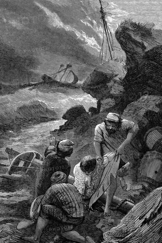 Beachcombers plunder the body of Sir Cloudesley Shovell (1650 to 1707), whose famous career as commander-in-chief of the British fleet during the War of the Spanish Succession ended in a disastrous shipwreck off the Isles of Scilly, England, digital reproduction of a historical model