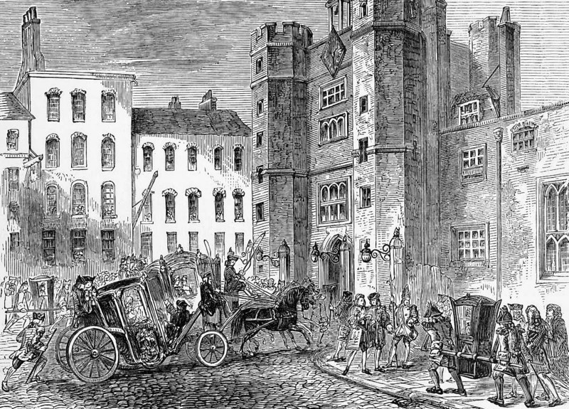 St James's Palace during the reign of Queen Anne in 1704, located in Pall Mall, north of St James's Park, is one of the oldest palaces in London, England, digital reproduction of a historical model