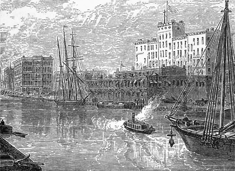 The Chicago River from the Madison Street Bridge, Chicago, Illinois, around 1870, America, digital reproduction of a historical original