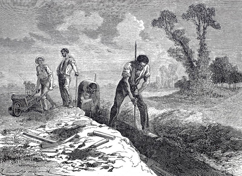 Reclamation of the soil, laying of drainage, drainage pipes, drainage, digitally improved reproduction of a 19th century model, historical, exact date unknown