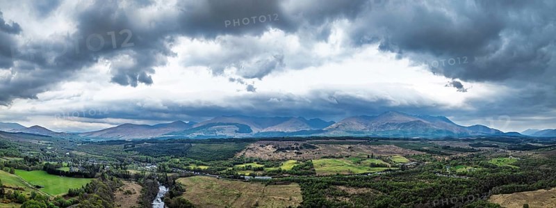 Panorama of Nevis Range Mountains from a drone, Grampian Mountains, Highland, Lochaber, Scotland, United Kingdom