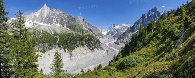 Picturesque mountain landscape with imposing mountain peaks and glaciers, Grand Balcon Nord, Mer de Glace glacier tongue, Grandes Jorasses at the back, Mont Blanc massif, Montenvers, Chamonix, Haute-Savoie, France