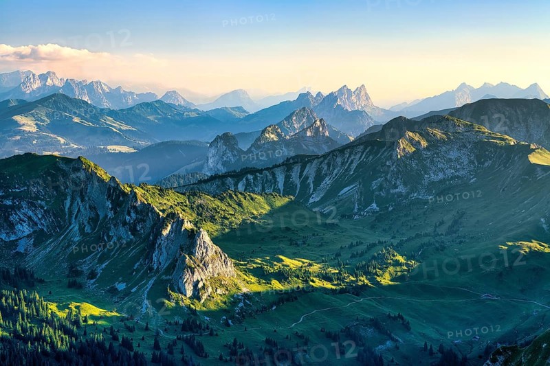 View from Mount Gantrisch, sunset over the Bernese and Fribourg Pre-Alps, Canton of Bern, Switzerland