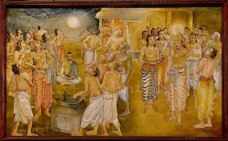 Temple of the sacred Tooth Relic or Sri Dalada Maligawa, Painted panel depicting the history of the Sacred Tooth Relic, New Shrine room or Alut Maligawa ceiling, Kandy, Sri Lanka