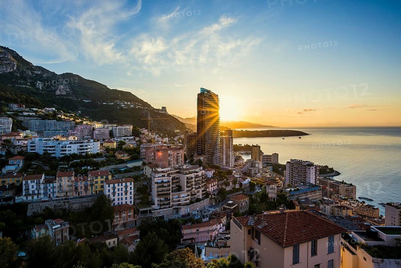 Panorama, Skyline with skyscrapers by the sea, Sunrise, Monte Carlo, Cote d'Azur, Monaco