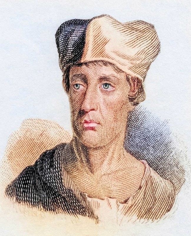 John Leland, Johannes Lelandus, Leyland (born 13 September, c. 1503, in London, died 18 April 1552) was an English antiquarian and historian and librarian to King Henry VIII, from the book Crabbe's Historical Dictionary, 1825, Historical, coloured, digitally restored reproduction from a 19th century original, Record date not stated