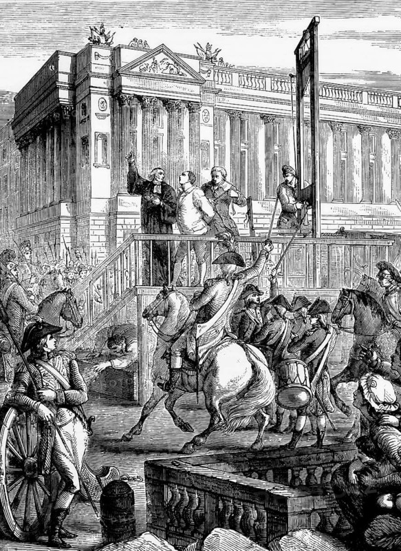 The public execution of Louis XVI by guillotine on 21 January 1793 on the Square of the Revolution, formerly Place Louis XV, renamed Place De La Concorde in 1795, in Paris, France, digital reproduction of a historical model