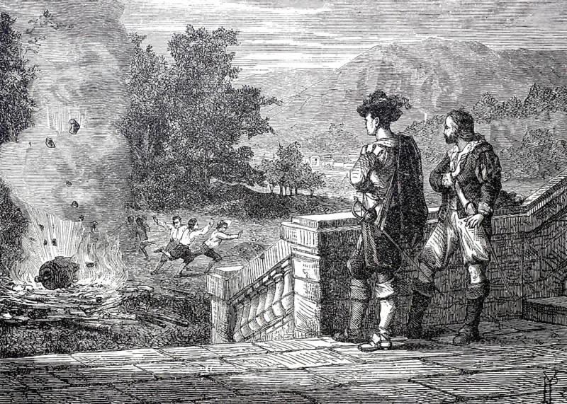 Experiment by the Marquis of Worcester, which is said to be the invention of the steam engine, c. 1660, Historical, digitally enhanced reproduction of a 19th century model