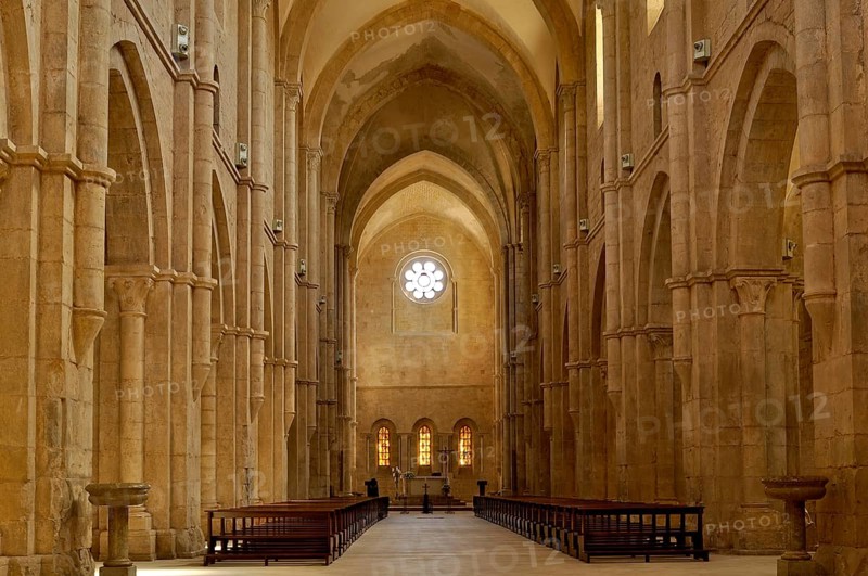 Nave, choir with altar, interior, Gothic basilica of the Cistercian abbey of Fossanova Monastery, Cistercian, Burgundian architectural style, Priverno, Province of Latina, Lazio, Italy