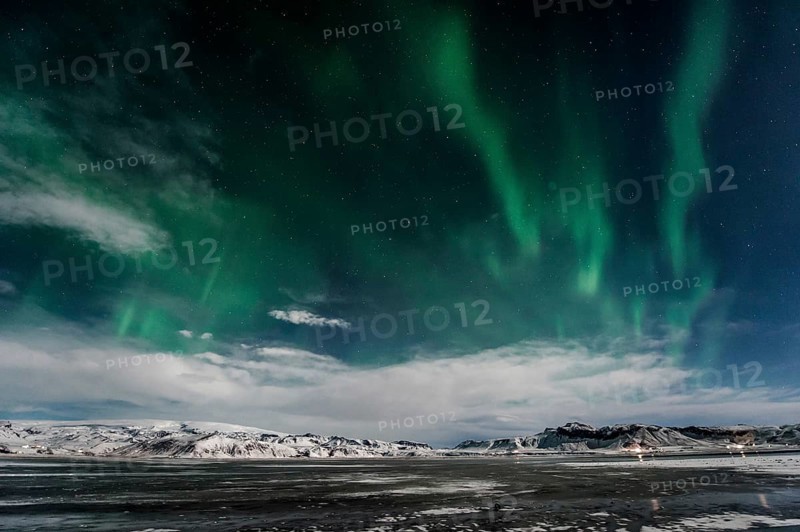 Northern Lights, Close to Vik, Ring Road, Mountains, Frost, Winter, Cold, Snow, Night, Iceland* Northern Lights, Close to Vik, Ring Road, Mountain Range, Cold, Snow, Night, Iceland