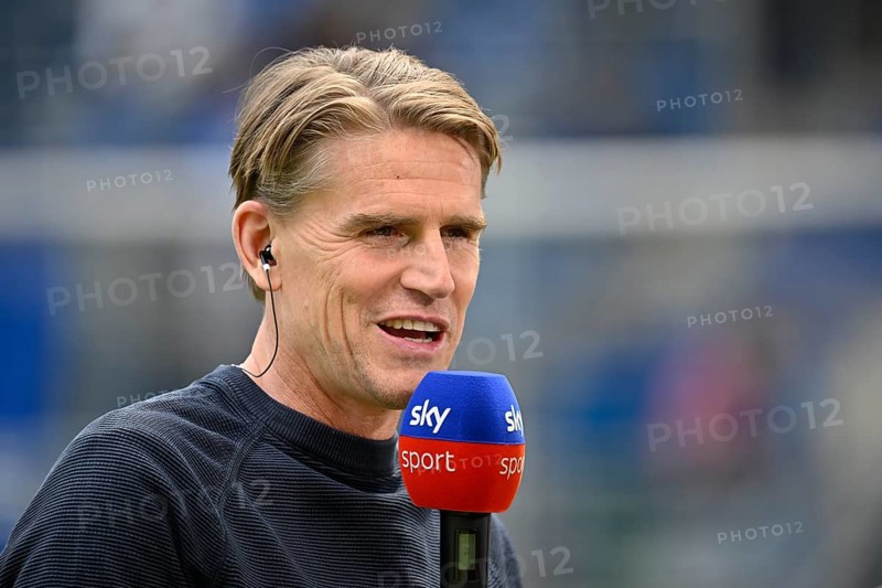 Sports Director Christoph Freund FC Bayern Munich FCB portrait in interview Microphone Micro Logo SKY PreZero Arena, Sinsheim, Baden-Württemberg, Germany