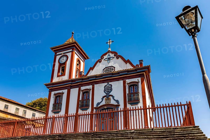 Facade of a colorful historic church in Baroque style in the old town of Diamantina in Minas Gerais, Diamantina, Minas Gerais, Brazil
