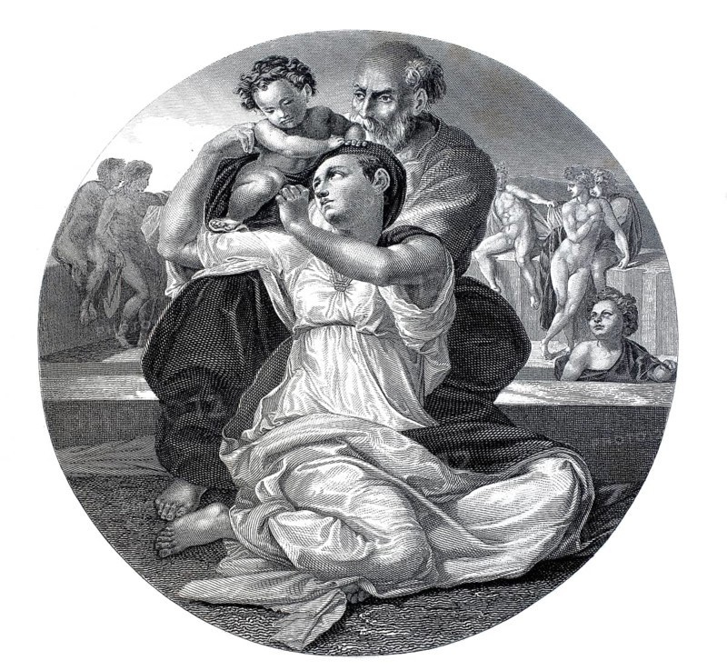 The Holy Family, A family sits closely embraced, mother and father with baby, background with sculptures, after a painting by Michael Angelo, Uffizi Florence, Italy, digitally restored reproduction of an old original, historical, exact date unknown