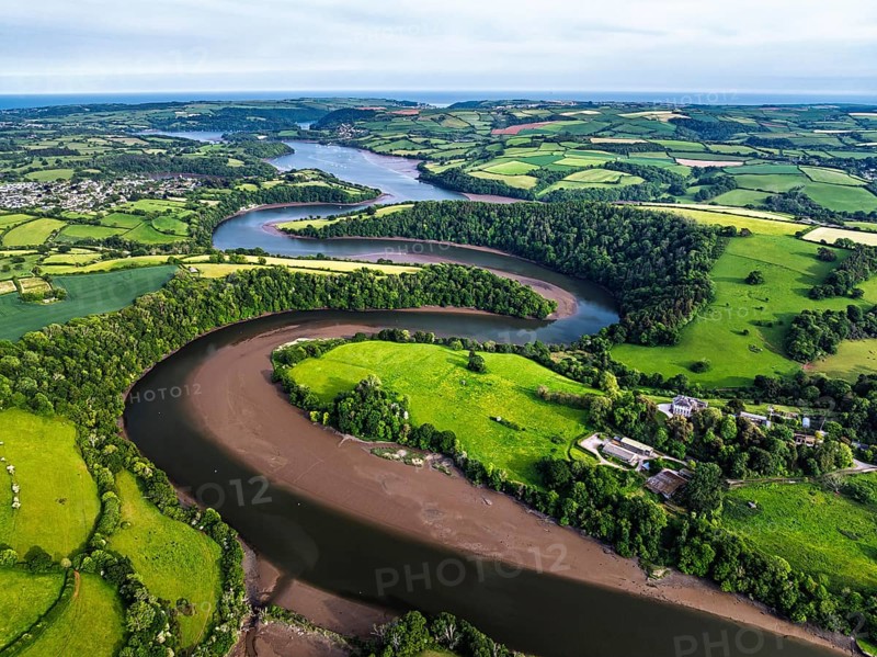 Farms and Fields over River Dart from a drone, Stoke Gabriel, Totnes, Devon, England, United Kingdom